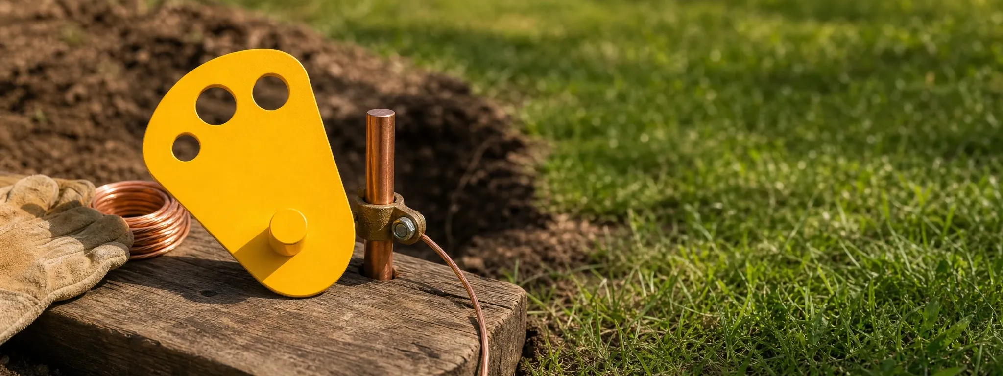 Professional-grade yellow earth rod driving tool positioned on a wooden plank next to a copper earth rod and coiled copper wire, with work gloves nearby and a grassy outdoor site background