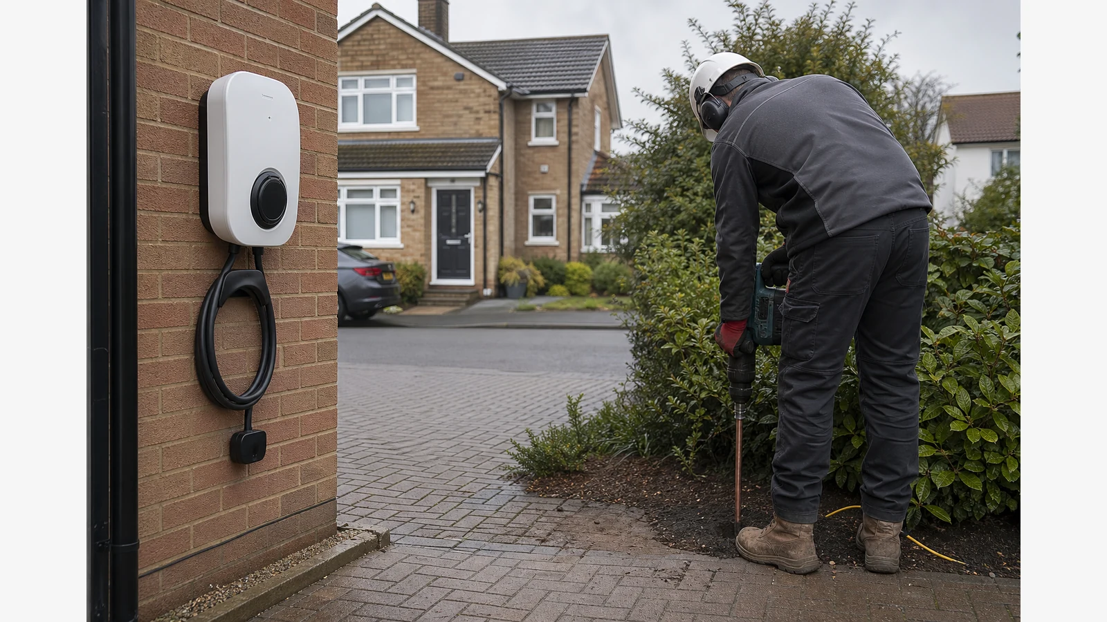 UK electrician driving a copperbond earth rod near a domestic EV chargepoint with an SDS Max driver