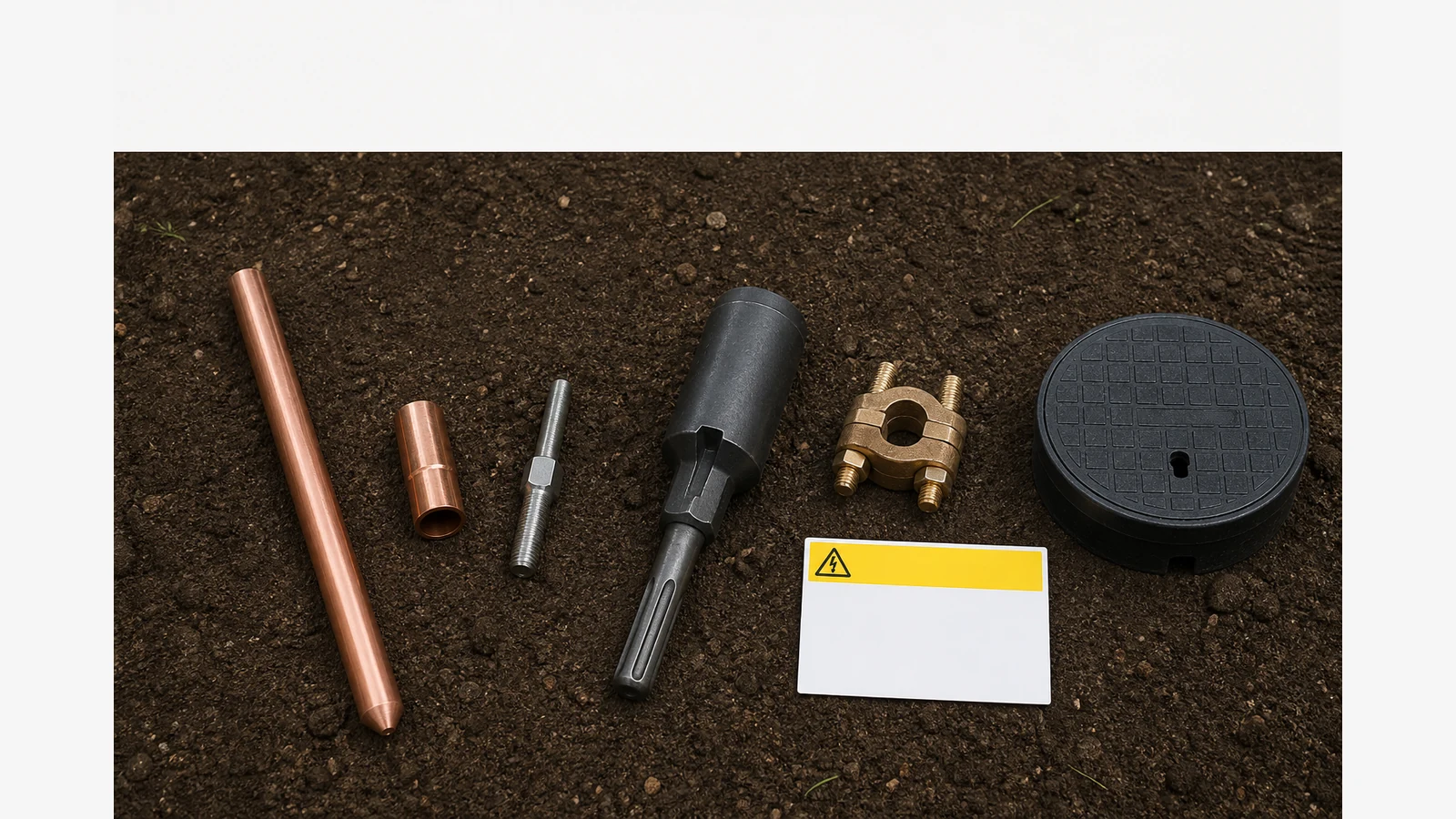 UK earth rod installation kit laid out with rod, driving stud, SDS Max driver, clamp and inspection pit lid
