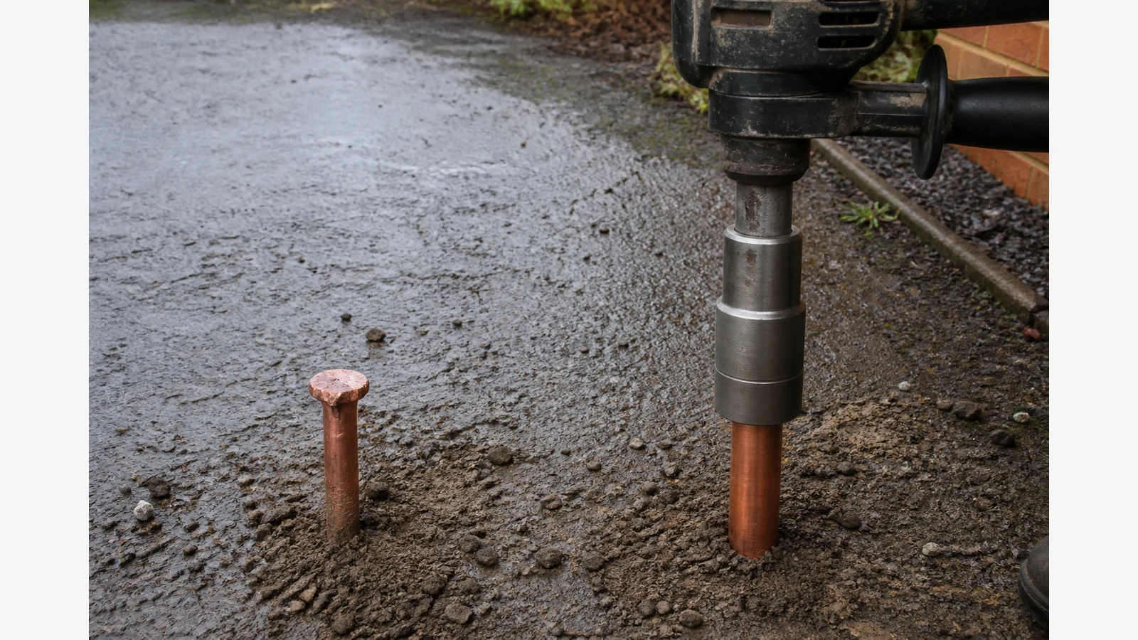 Comparison of a mushroomed copperbond earth rod tip next to a seated ground rod driver on an SDS Max hammer