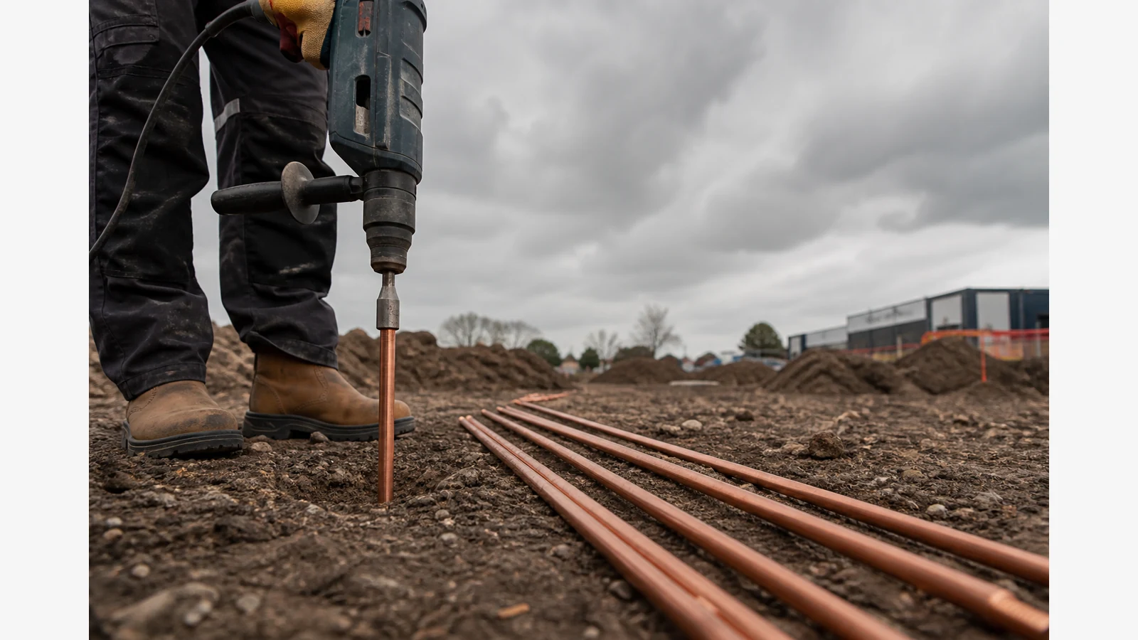 High-volume copperbond earth rods being driven with an SDS Max earth rod driver for lightning protection work