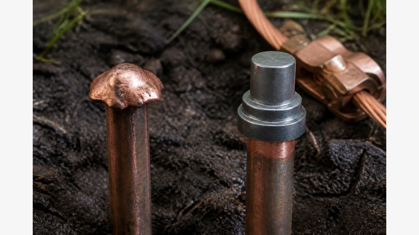 Mushroomed copperbond earth rod tip compared with a protected rod under a driving seat